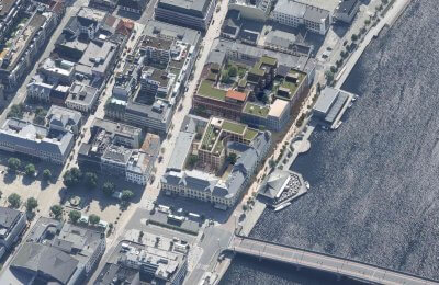 Fugleperspektiv over Drammen sentrum med illustrasjon av Magasinet
