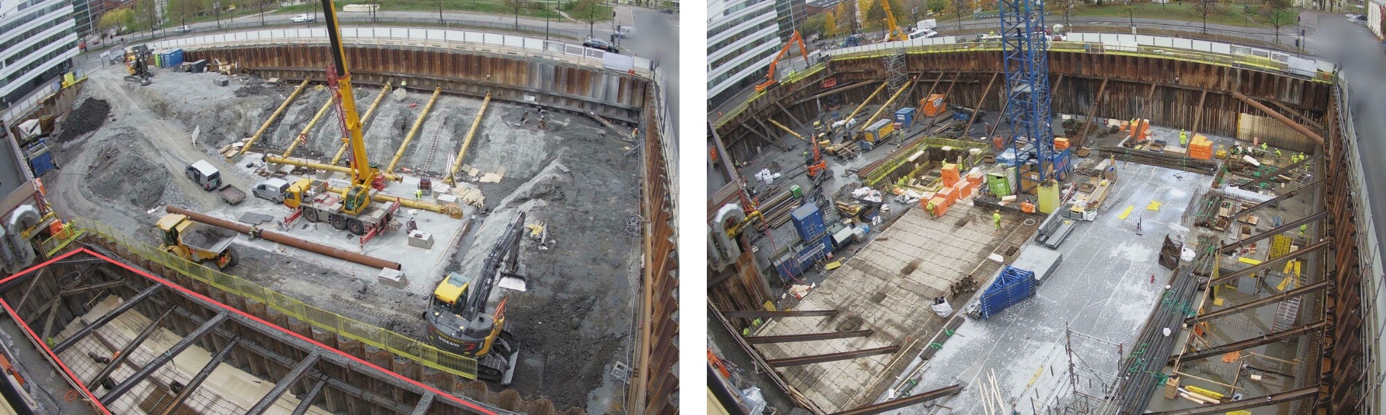 Aktuelt - Byggegrop Veksthuset. Foto til venstre, utgraving og sikring av byggegrop. Markert rødt område, "spuntboks". Foto til høyre, pelefundamentering og betongarbeider for kjeller.